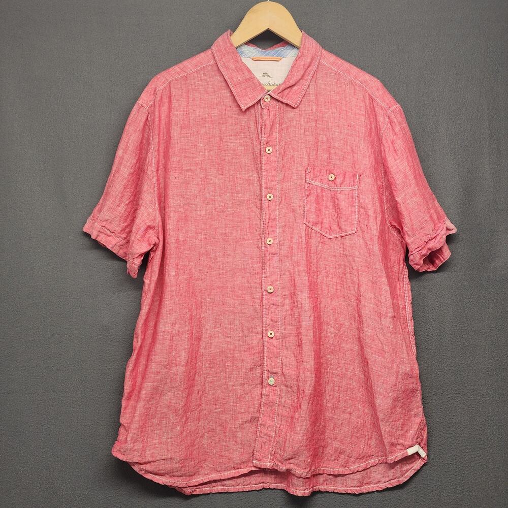 Tommy Bahama Relax Mens XXL Linen Shirt Pink Coral Short Sleeve Button Up Casual